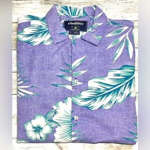 Chubbies Lavender and Teal Hawaiian Leaf Print Shirt Size Large Like New Crisp